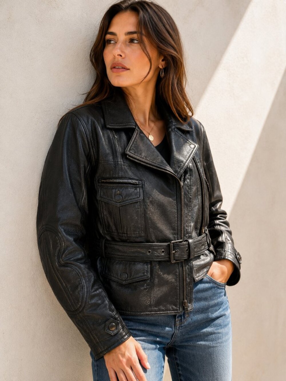 Mega Force Womens Leather Motorcycle Jacket Black Belted Thinsulate Small